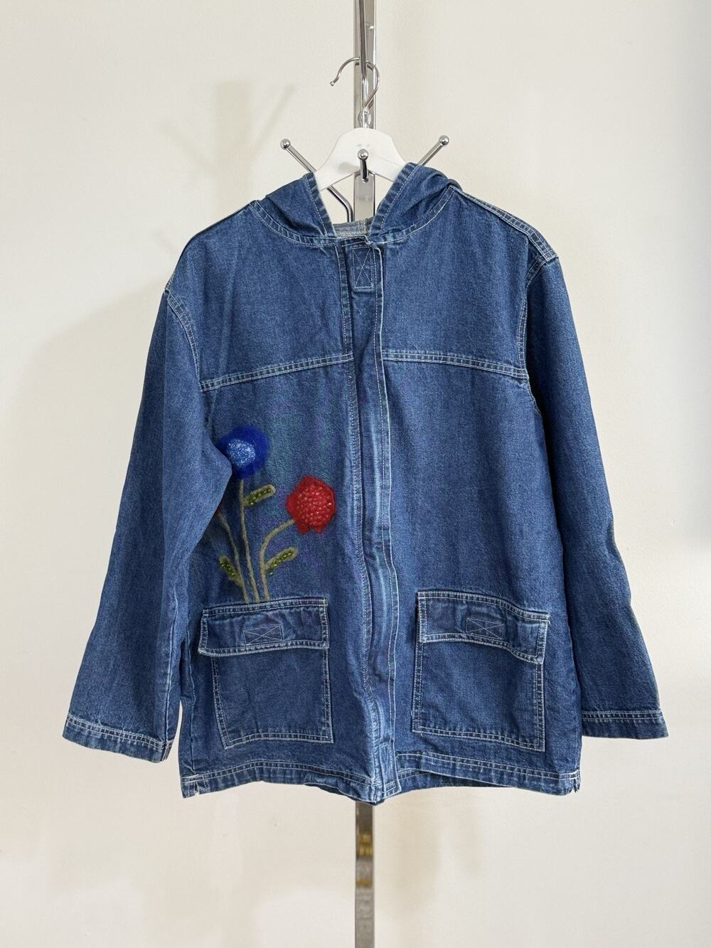 Vintage Keren Hart Denim Jacket Women’s Size L Floral Embroidered Beaded Hooded
